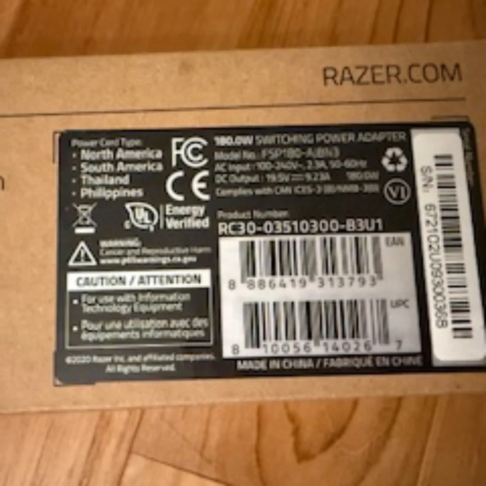 RAZER 180W POWER ADAPTER + POWER CORD ACCESSORY PACK NIB - Original